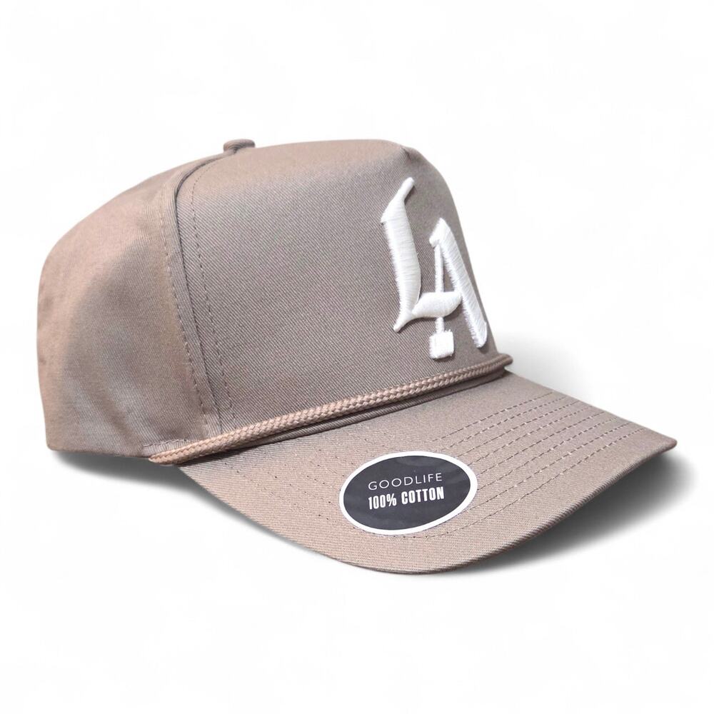 Goodlife Los Angeles Hat LA Snapback Cap Khaki Tan White Embroidery NWT NEW